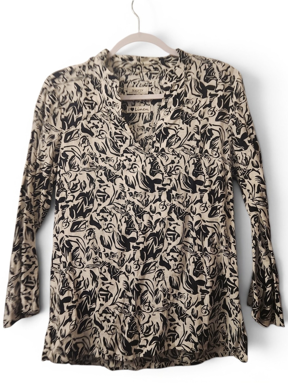 Abstract-Print V-Neck Blouse in White and Black